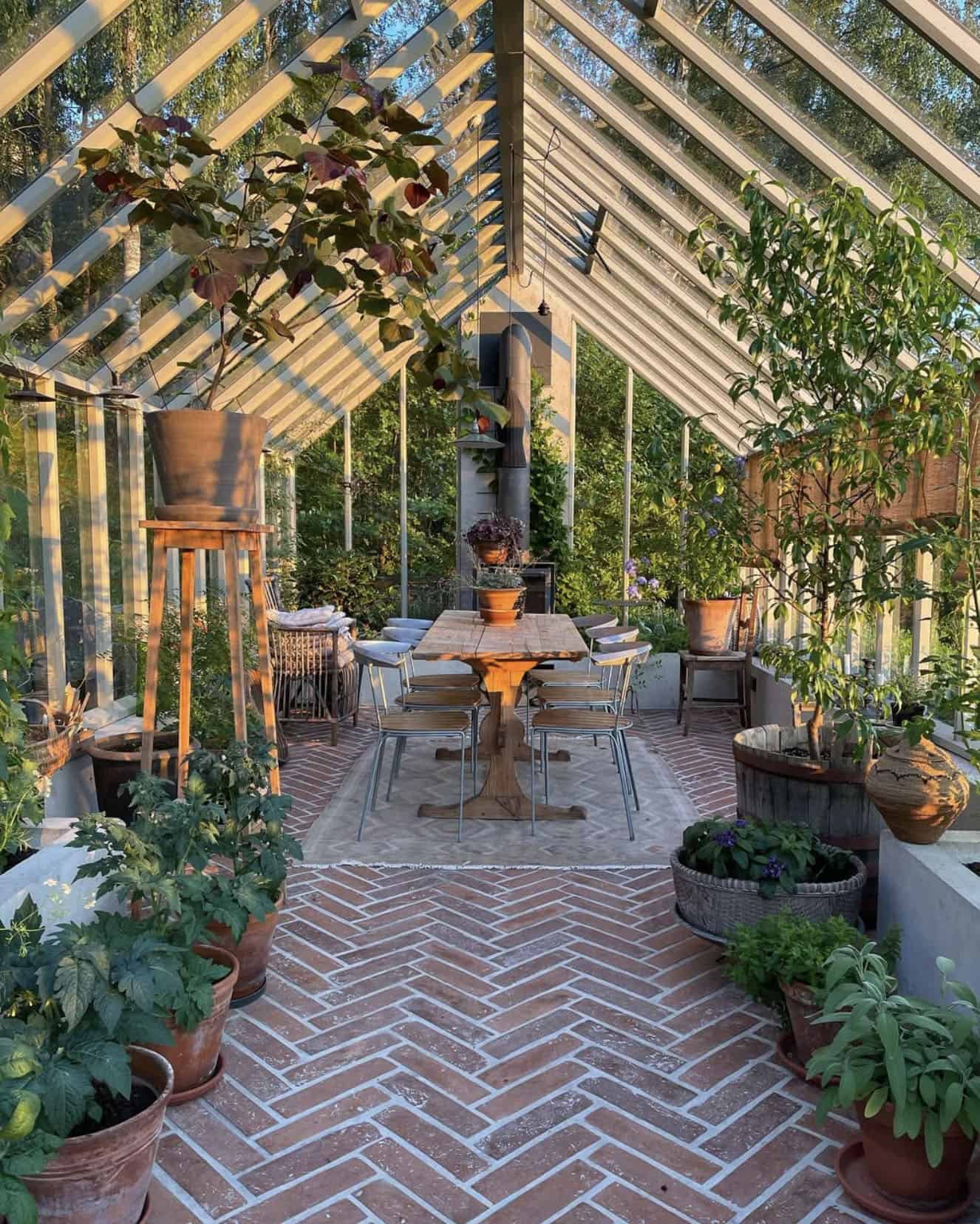 greenhouse with alfresco dining and a fireplace