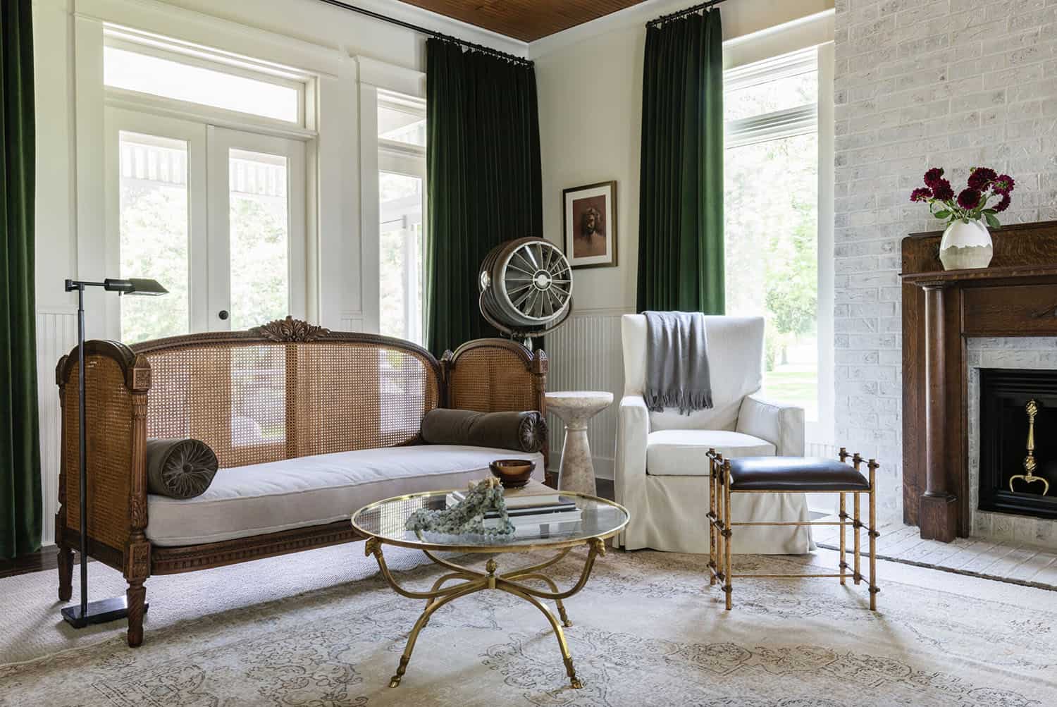 modern farmhouse-style family room with a fireplace