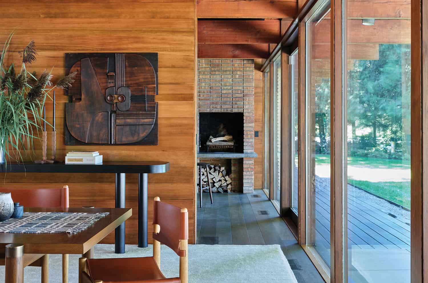 midcentury modern dining room with a console table
