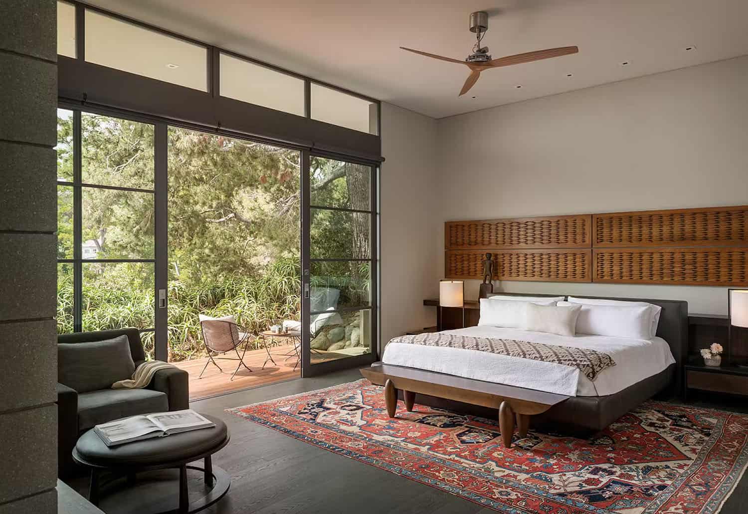 midcentury modern bedroom with sliding glass doors