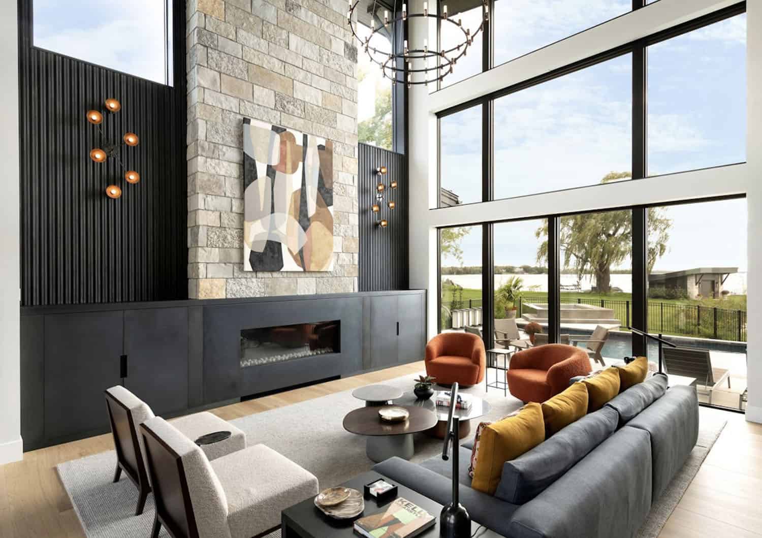 modern living room with a fireplace