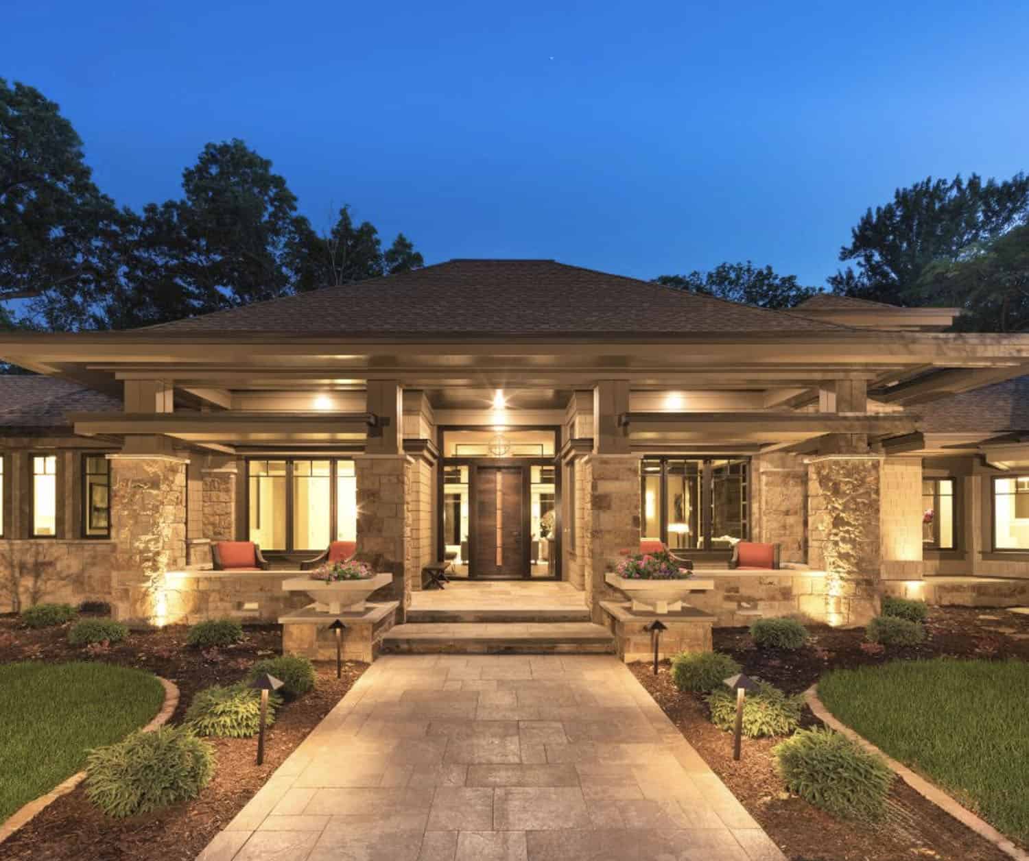 modern-prairie-style-lake-house-exterior-at-dusk