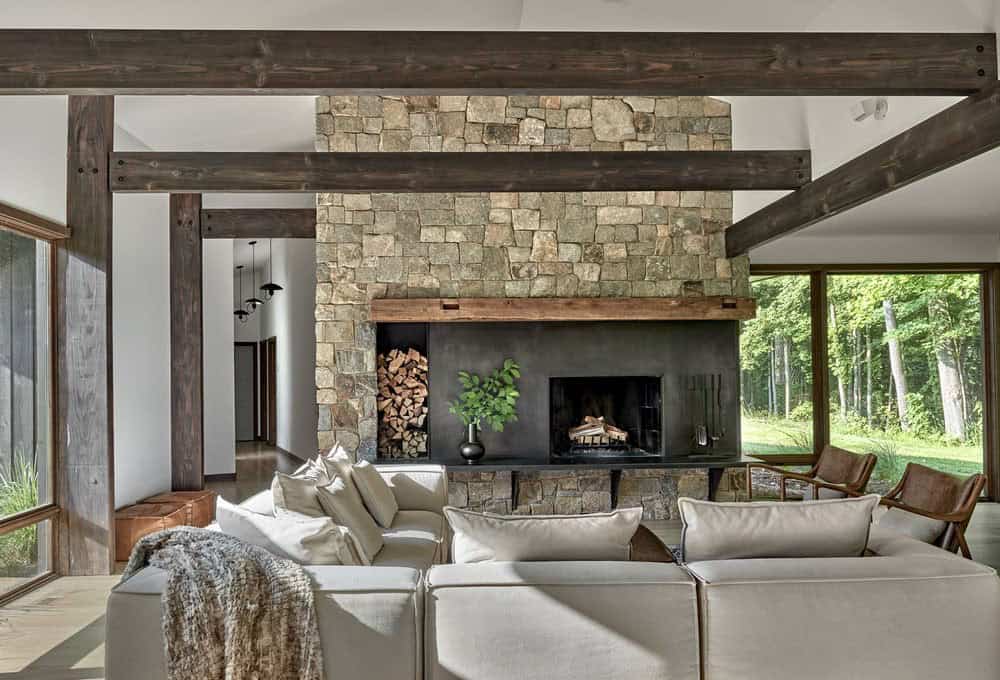 modern living room with a fireplace