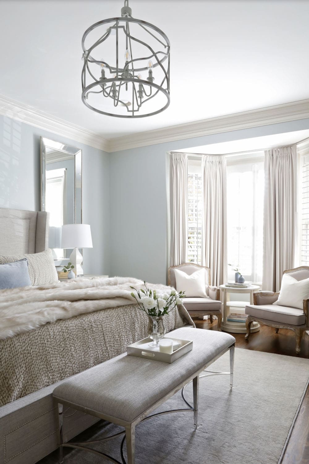 transitional style bedroom retreat painted in gray