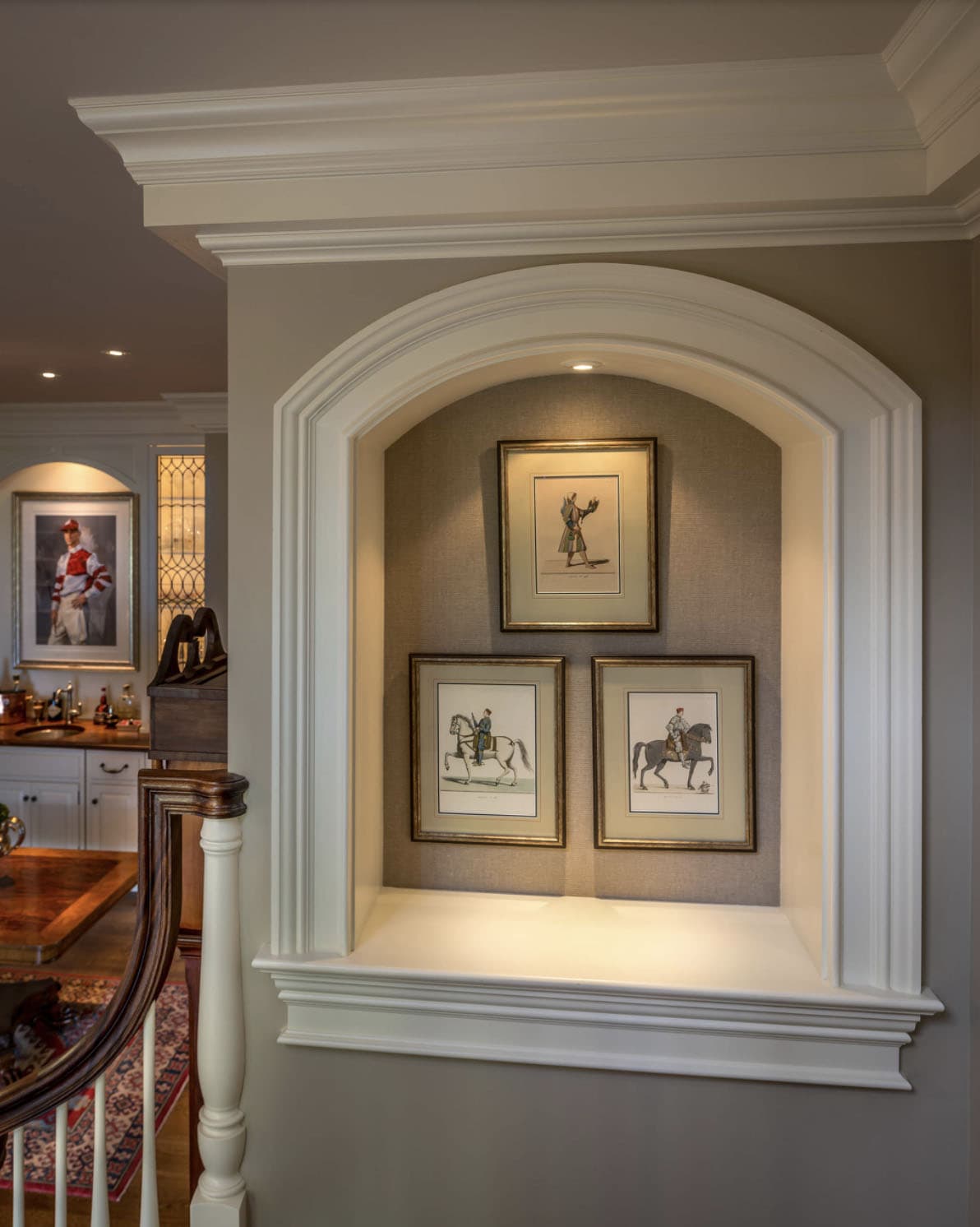 traditional staircase with a wall niche