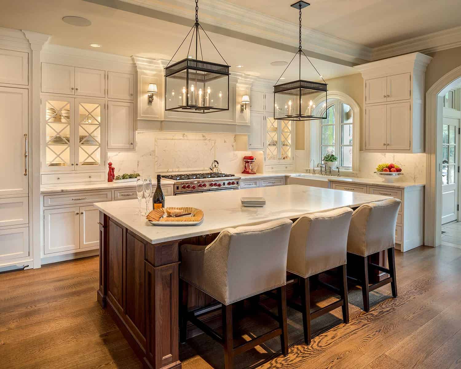 traditional kitchen with large pendant lights