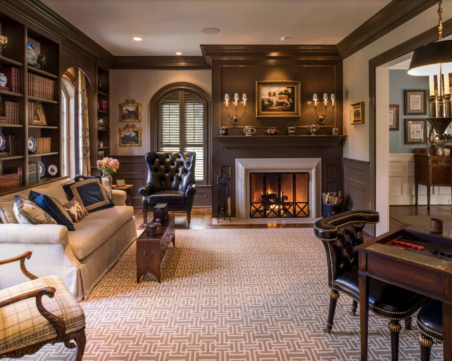 traditional games room with a fireplace