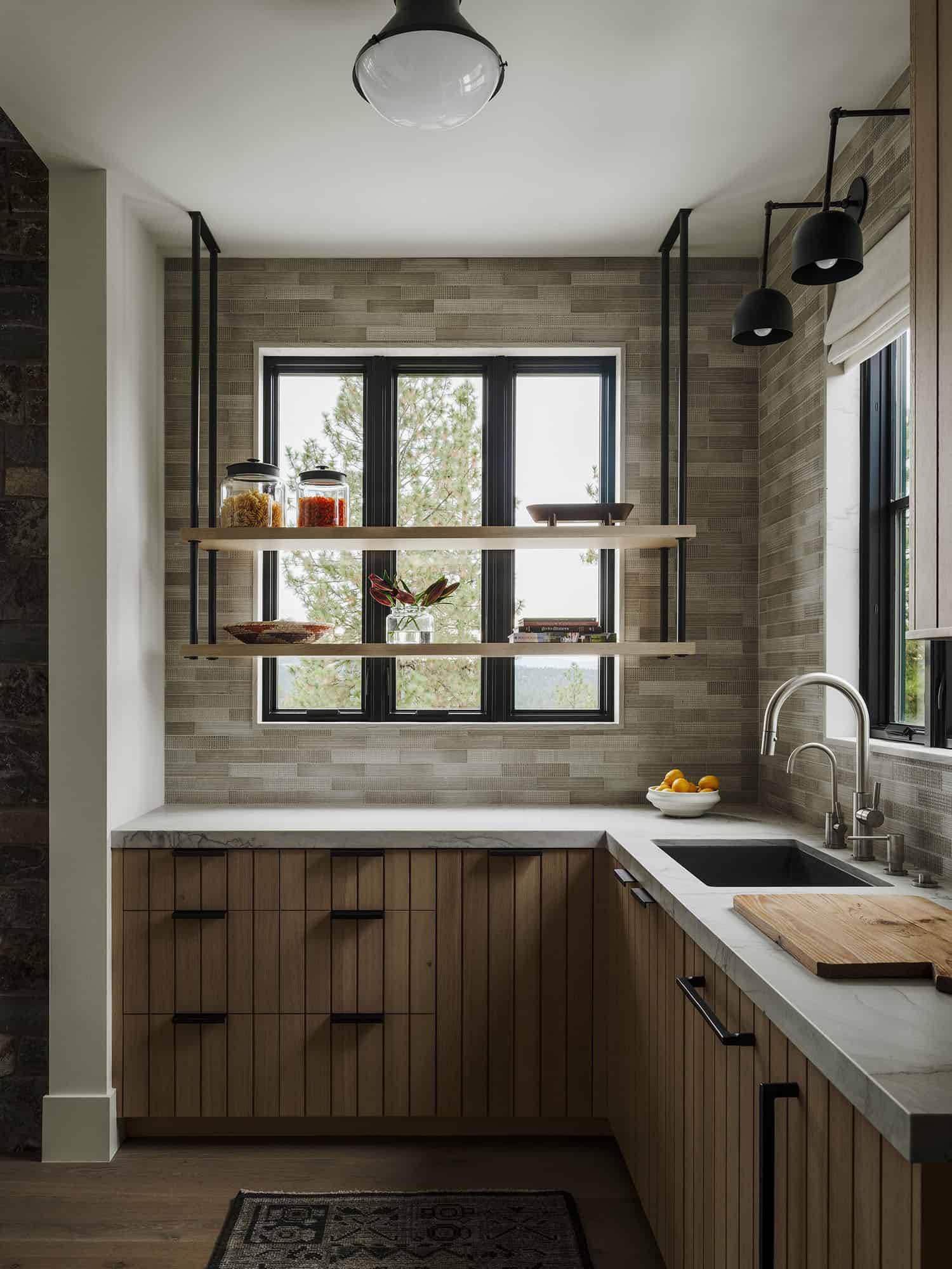 transitional style pantry with floating shelves