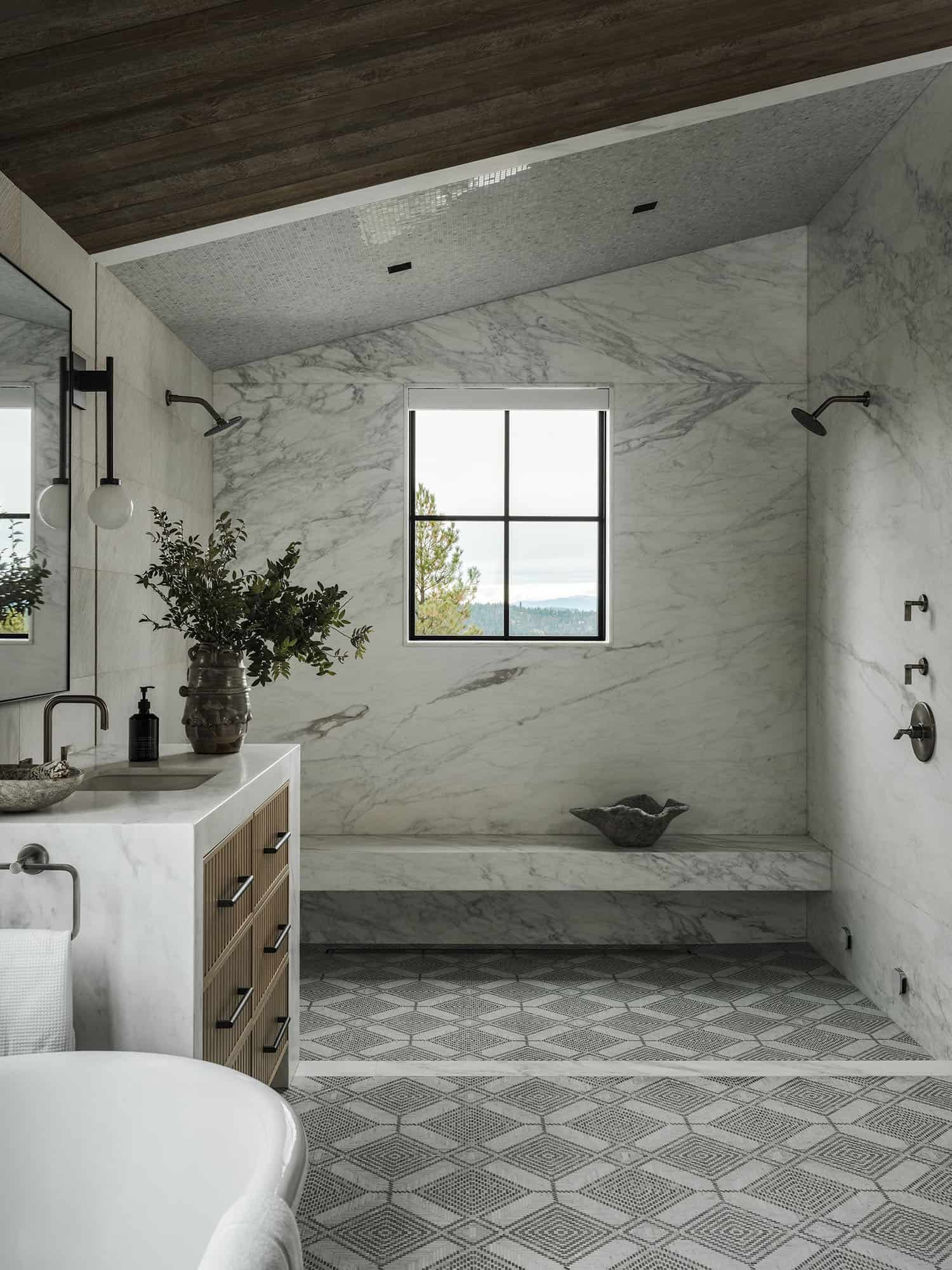 transitional style bathroom with a large walk-in shower