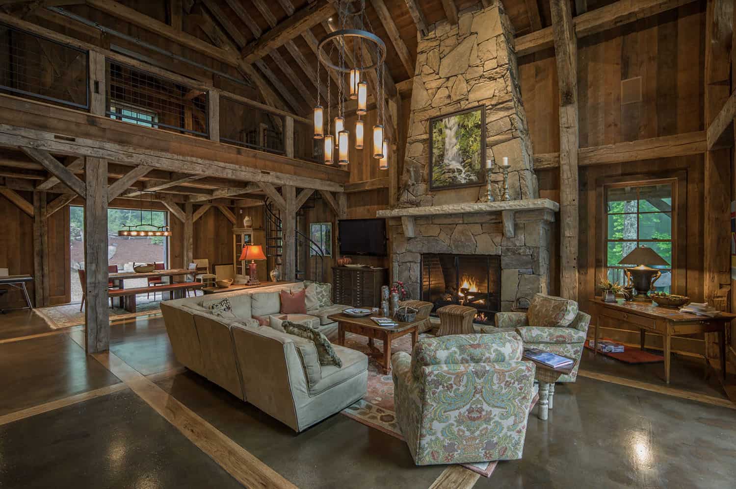 rustic modern living room with a stone fireplace