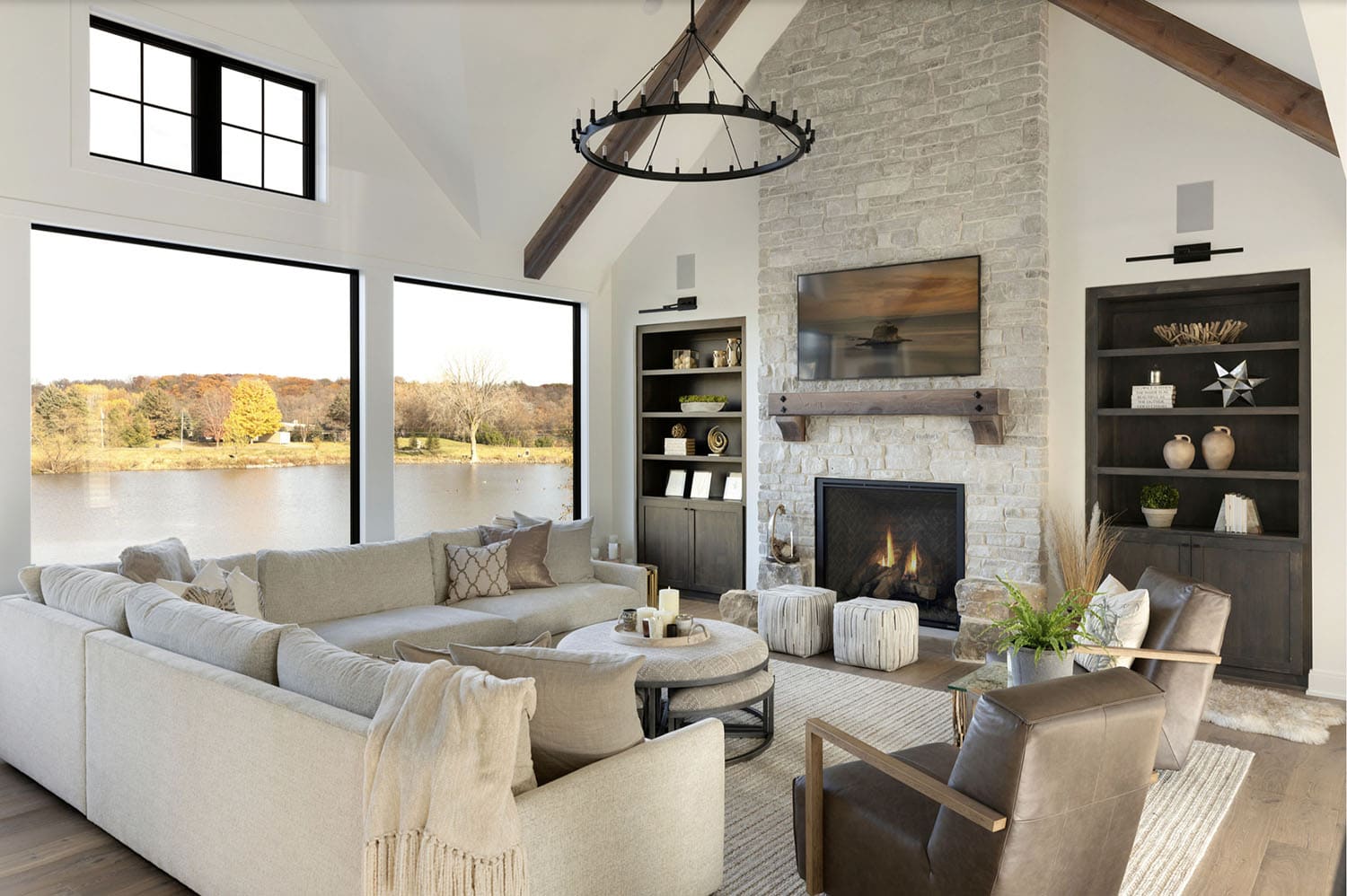 rustic modern living room with a fireplace