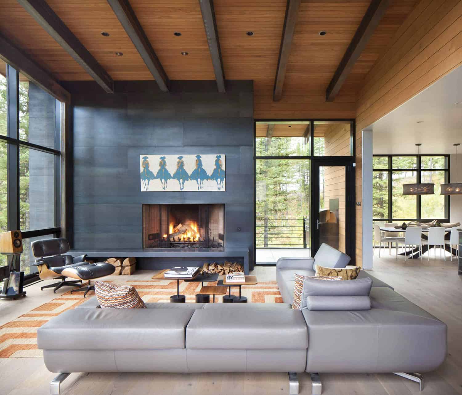 modern rustic living room with a hot rolled steel fireplace surround