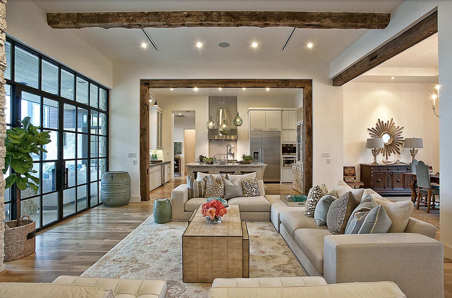 rustic modern living room with wood ceiling beams