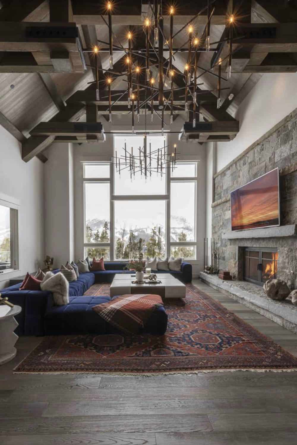 rustic modern living room with high vaulted ceilings