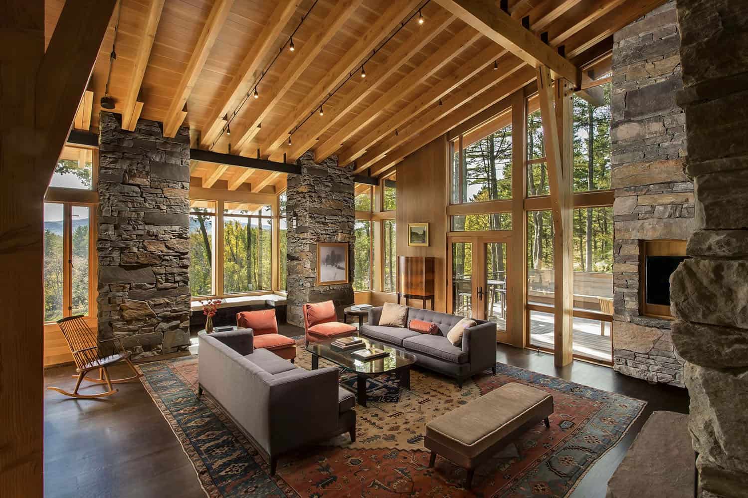 rustic modern living room with large windows