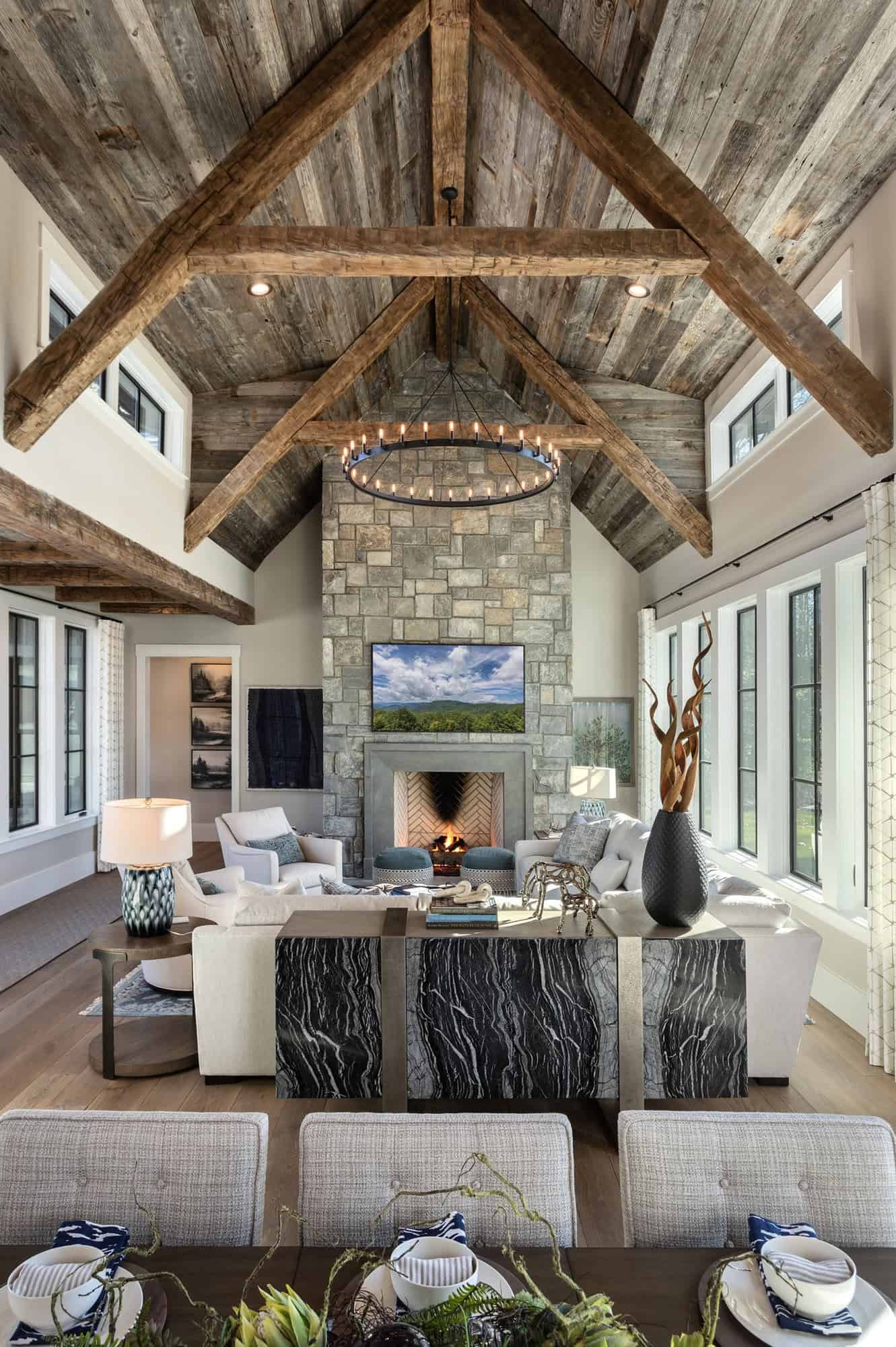 rustic modern living room with a fireplace in a mountain home