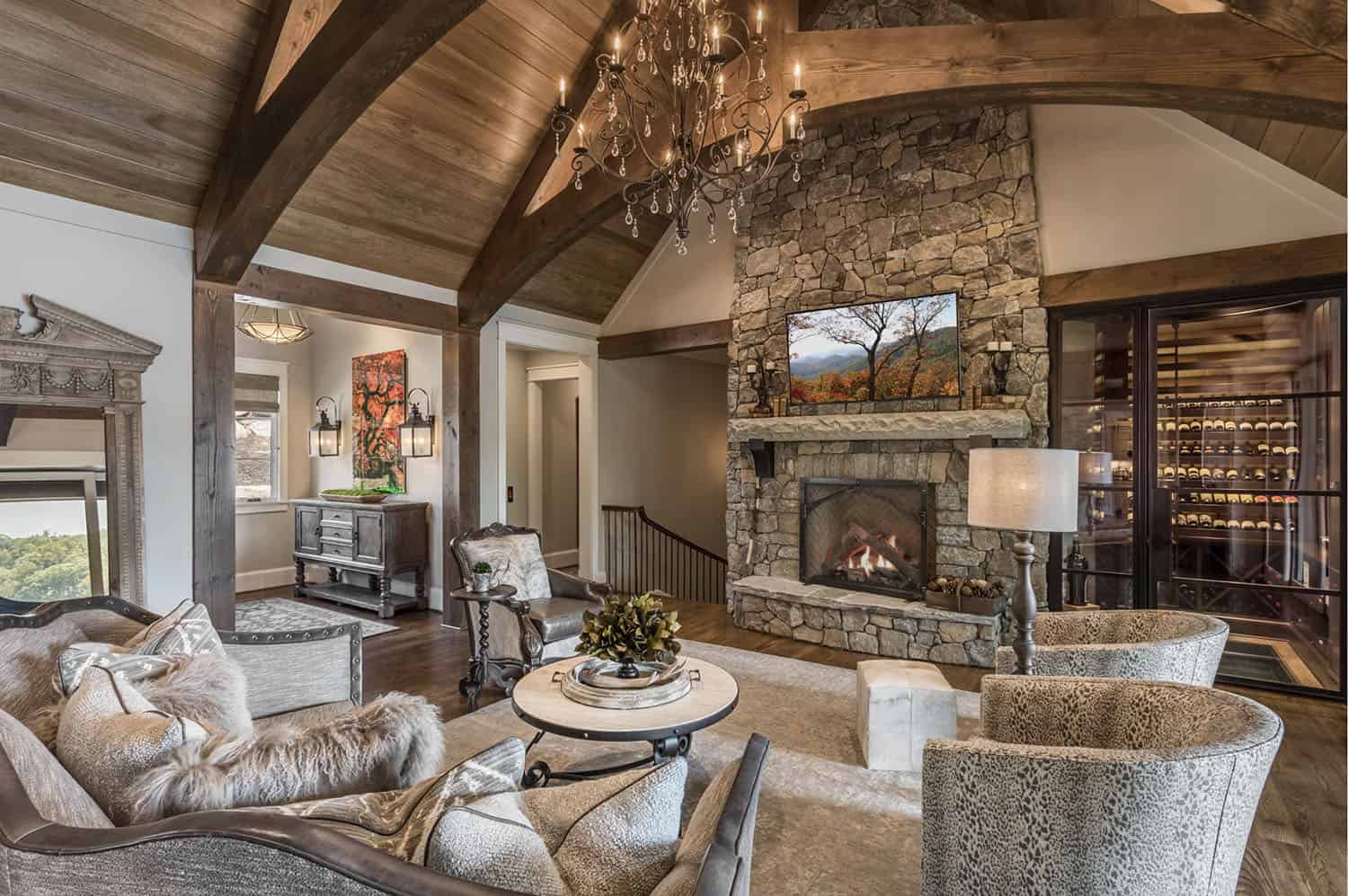 modern rustic living room with a fireplace and a wine cellar