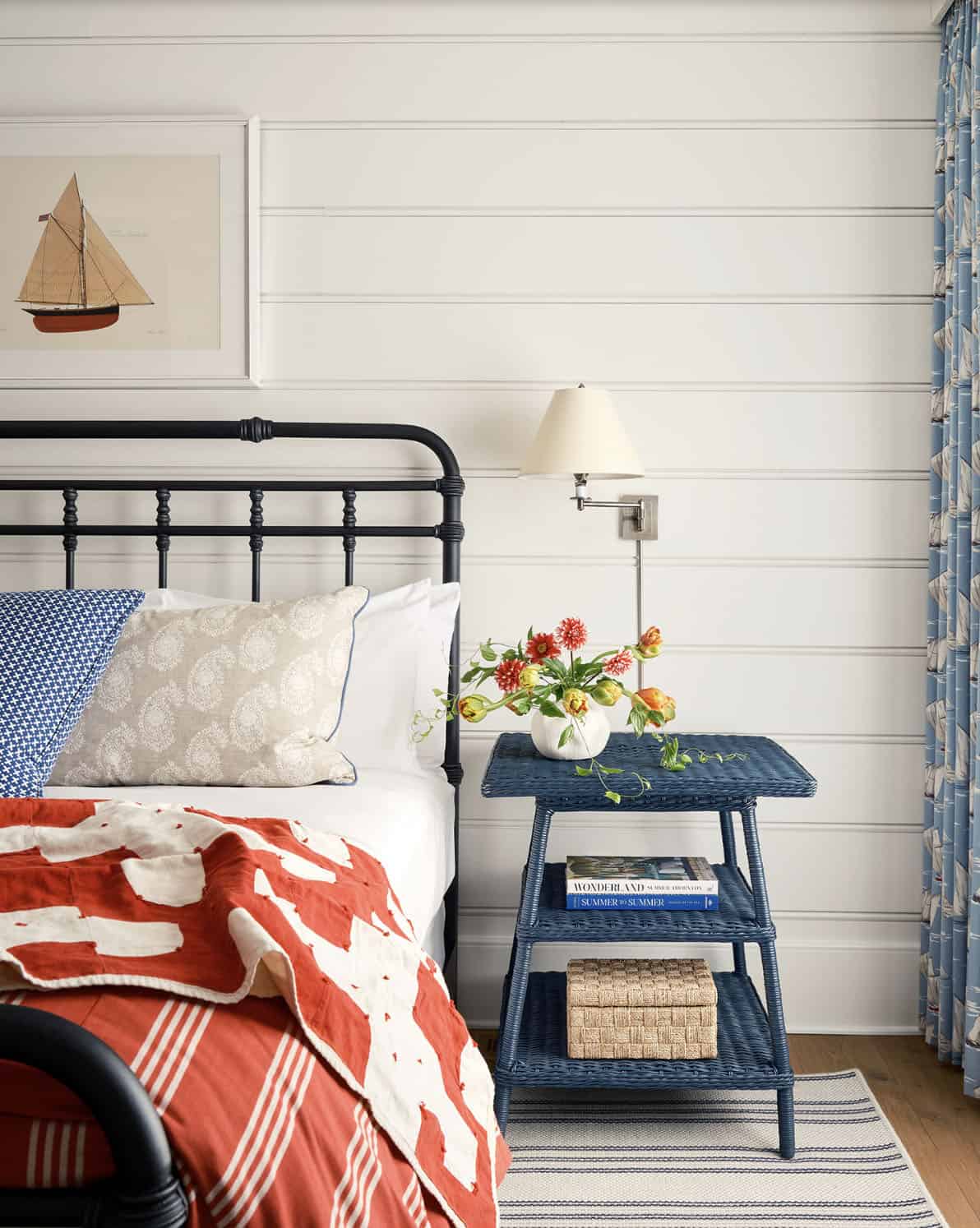 beach style bedroom with shiplap walls