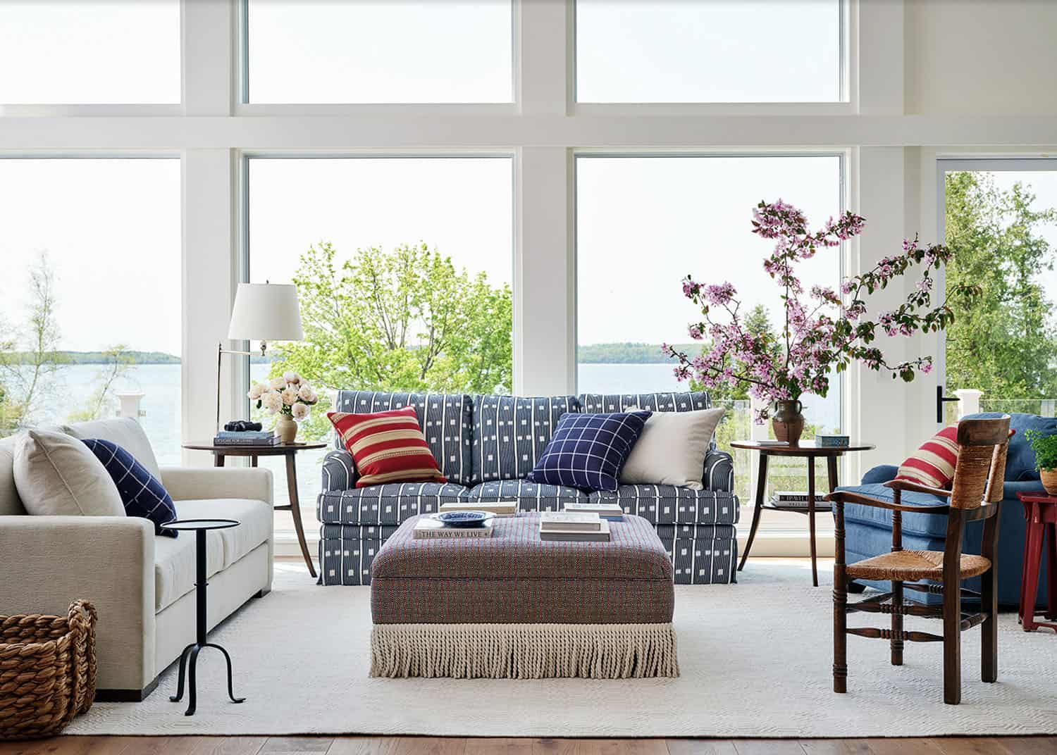 beach style great room with floor to ceiling windows