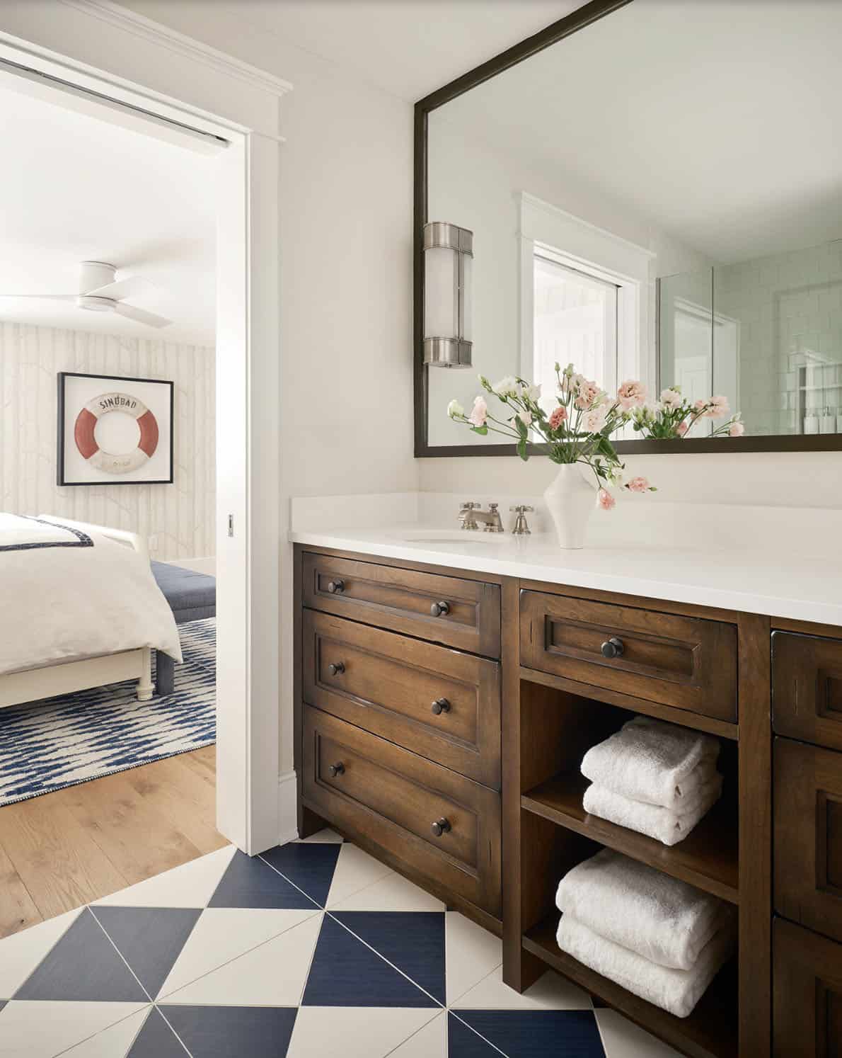 nautical style guest bathroom and bedroom