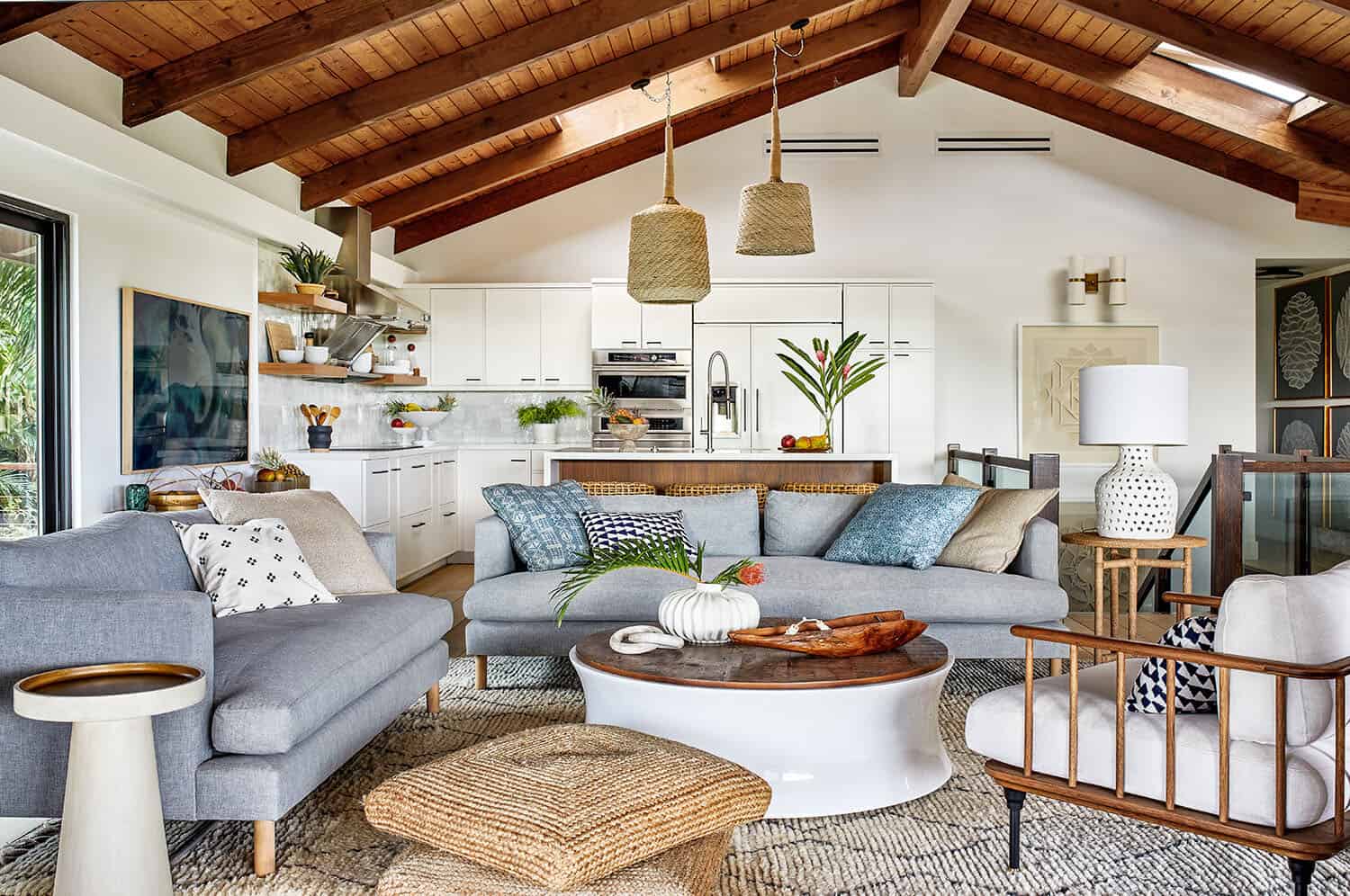 coastal and casual living room with exposed wood ceiling beams