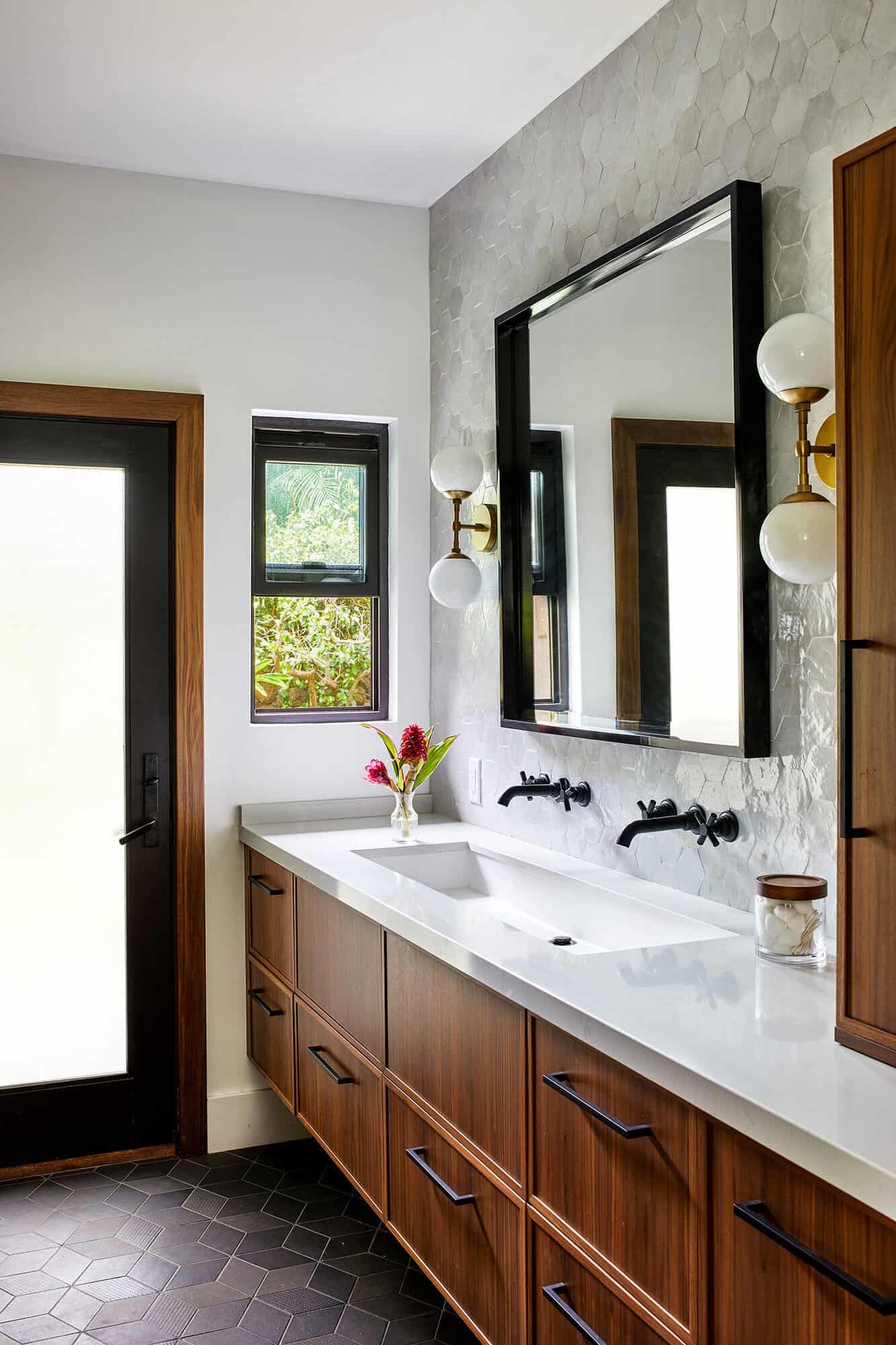 rustic bathroom with floating wooden vanity