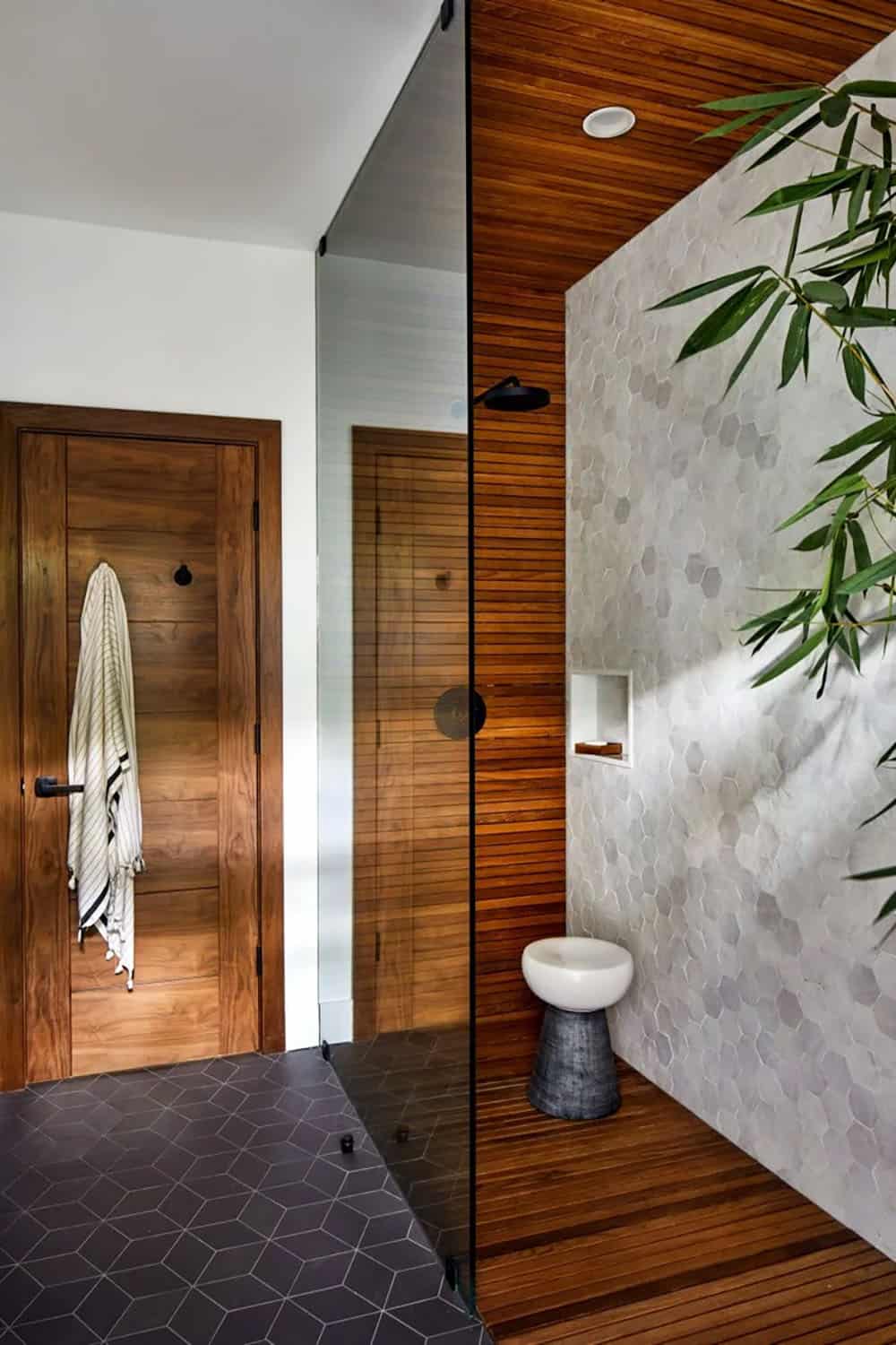 rustic bathroom with step-in shower