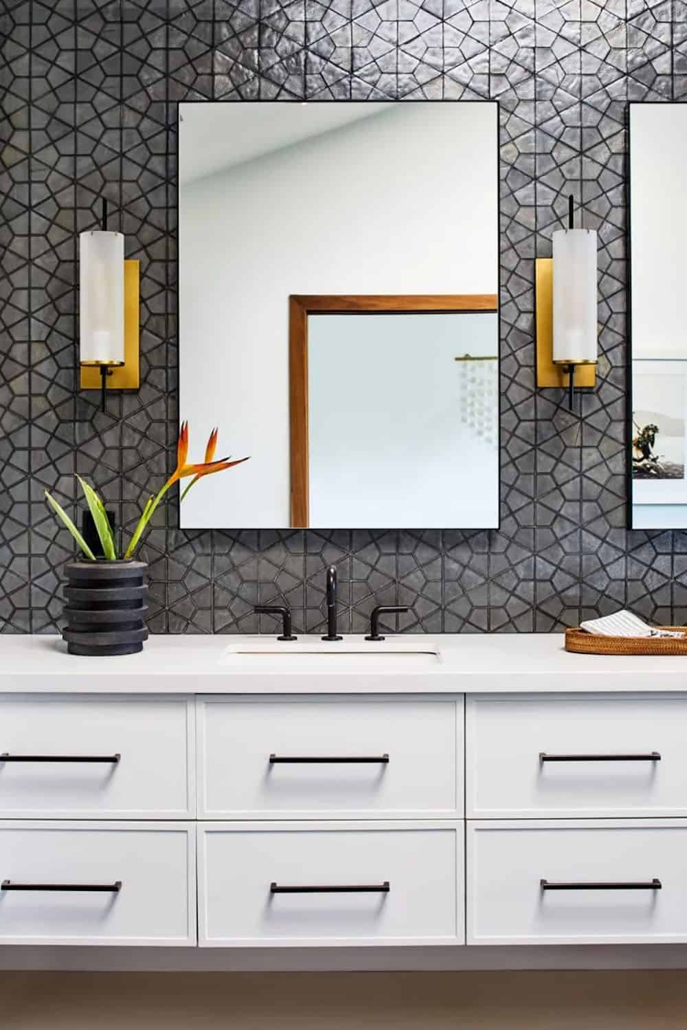 charcoal hexagon tile wall in bathroom