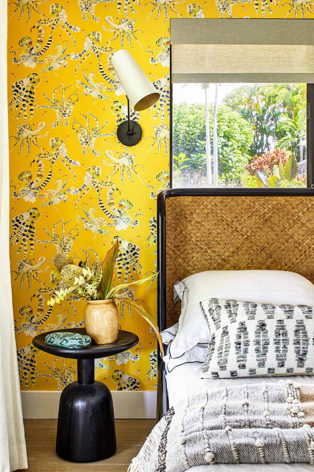 bedroom with yellow wallpaper