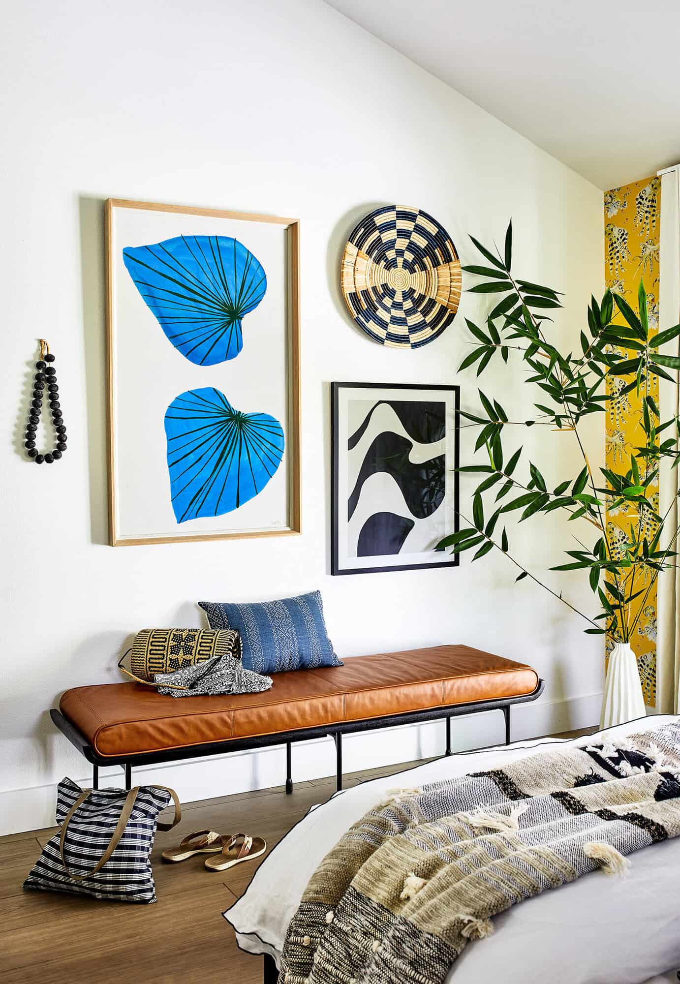 leather bench in bungalow bedroom