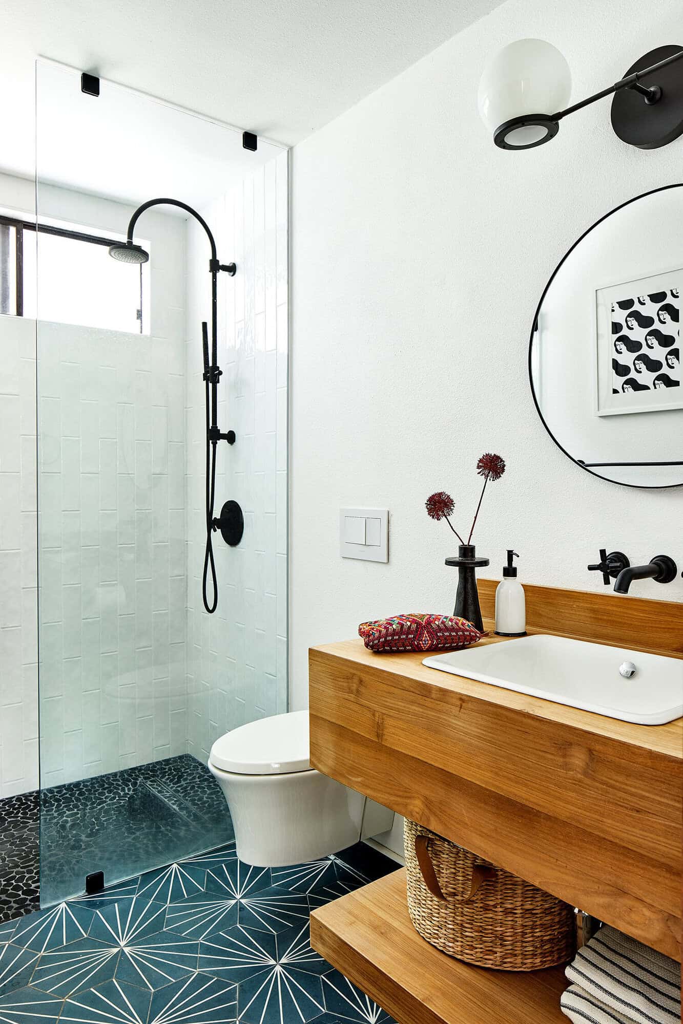 geometric blue tile floor in playful bathroom