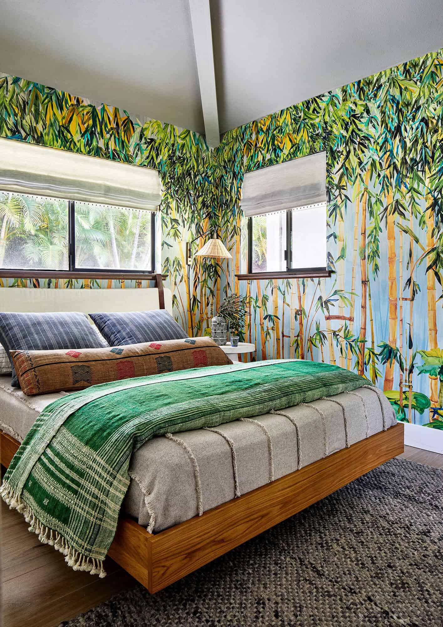 jungle wallpaper in bungalow bedroom