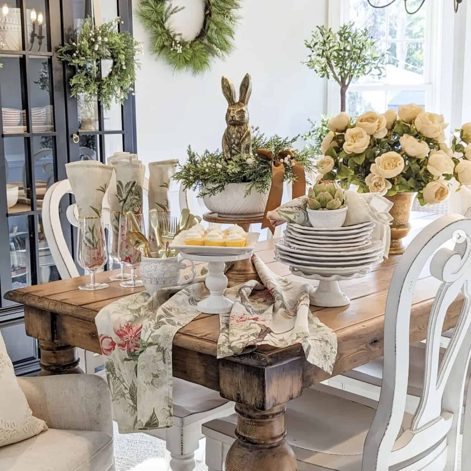 spring table decor with a bunny centerpiece