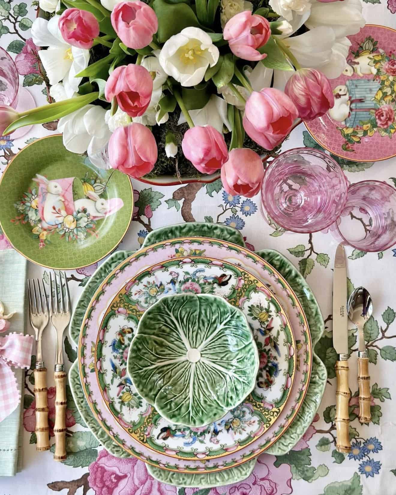 spring table decor with pink and green color scheme