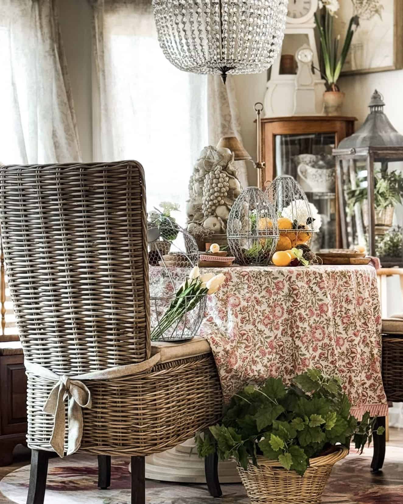 cottage style dining table decorated for spring with vintage garden vibes