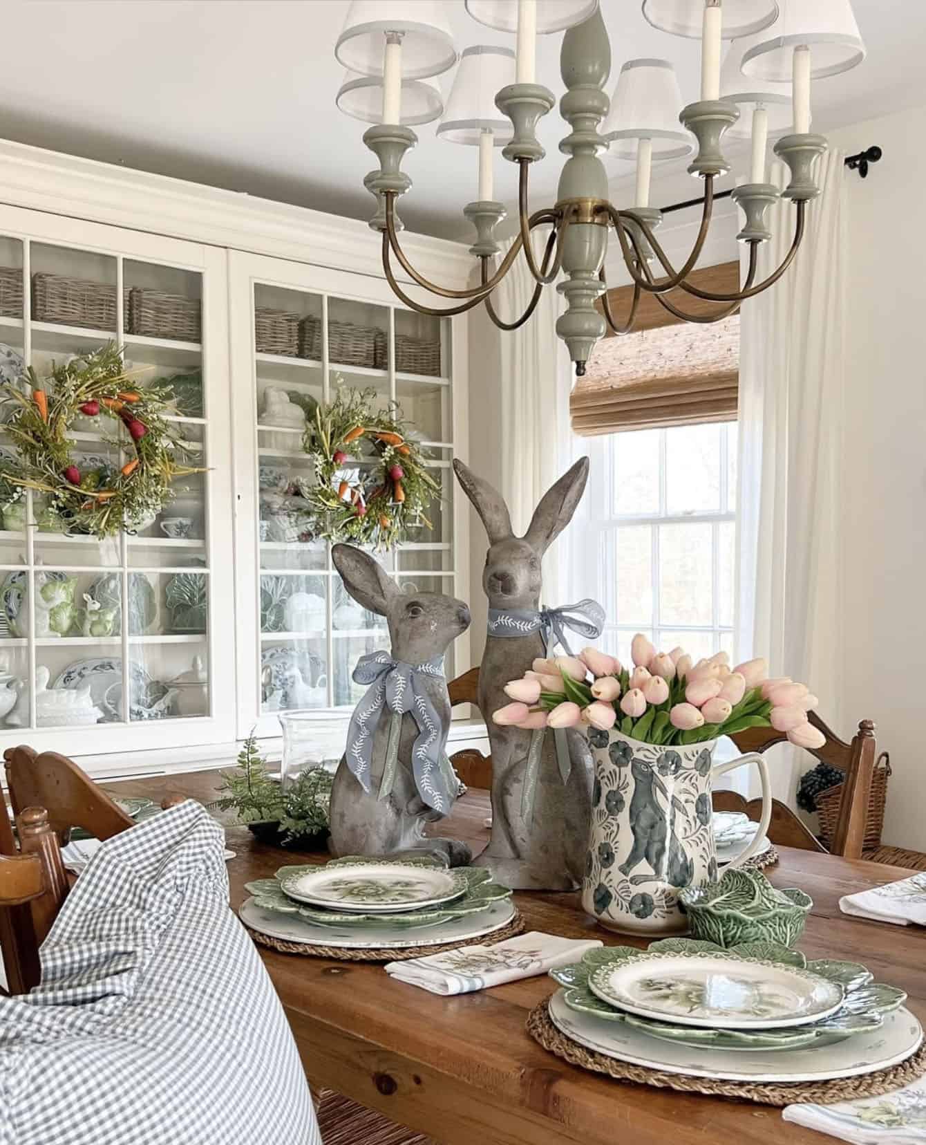 farmhouse-style dining table with spring decorations