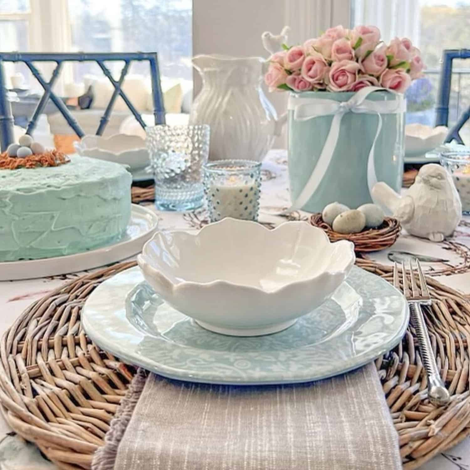 robin egg blue tablescape with a bird tablecloth
