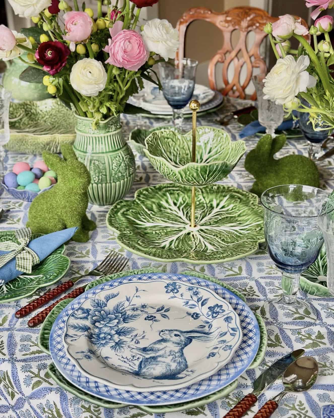 spring table decor with bunny plates and cabbageware