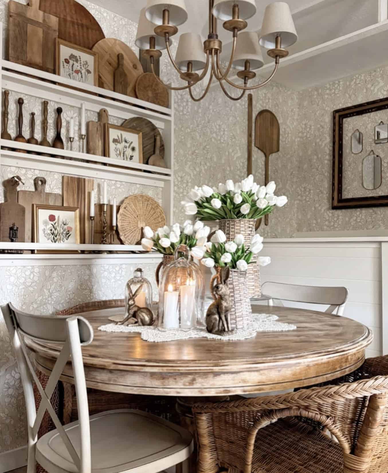 spring table decor with white tulips and bunnies