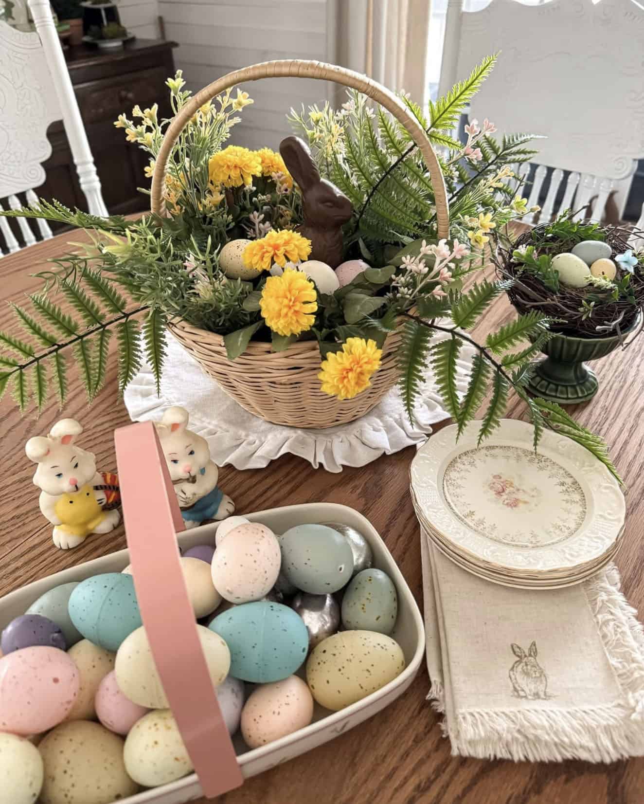 dining table with an easter basket centerpiece