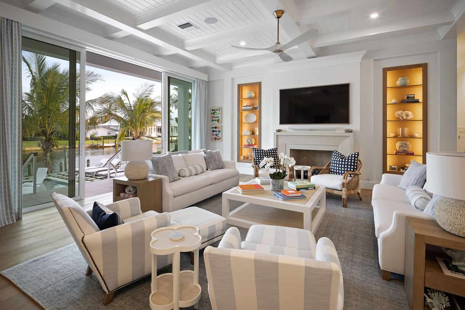 contemporary coastal living room with a fireplace