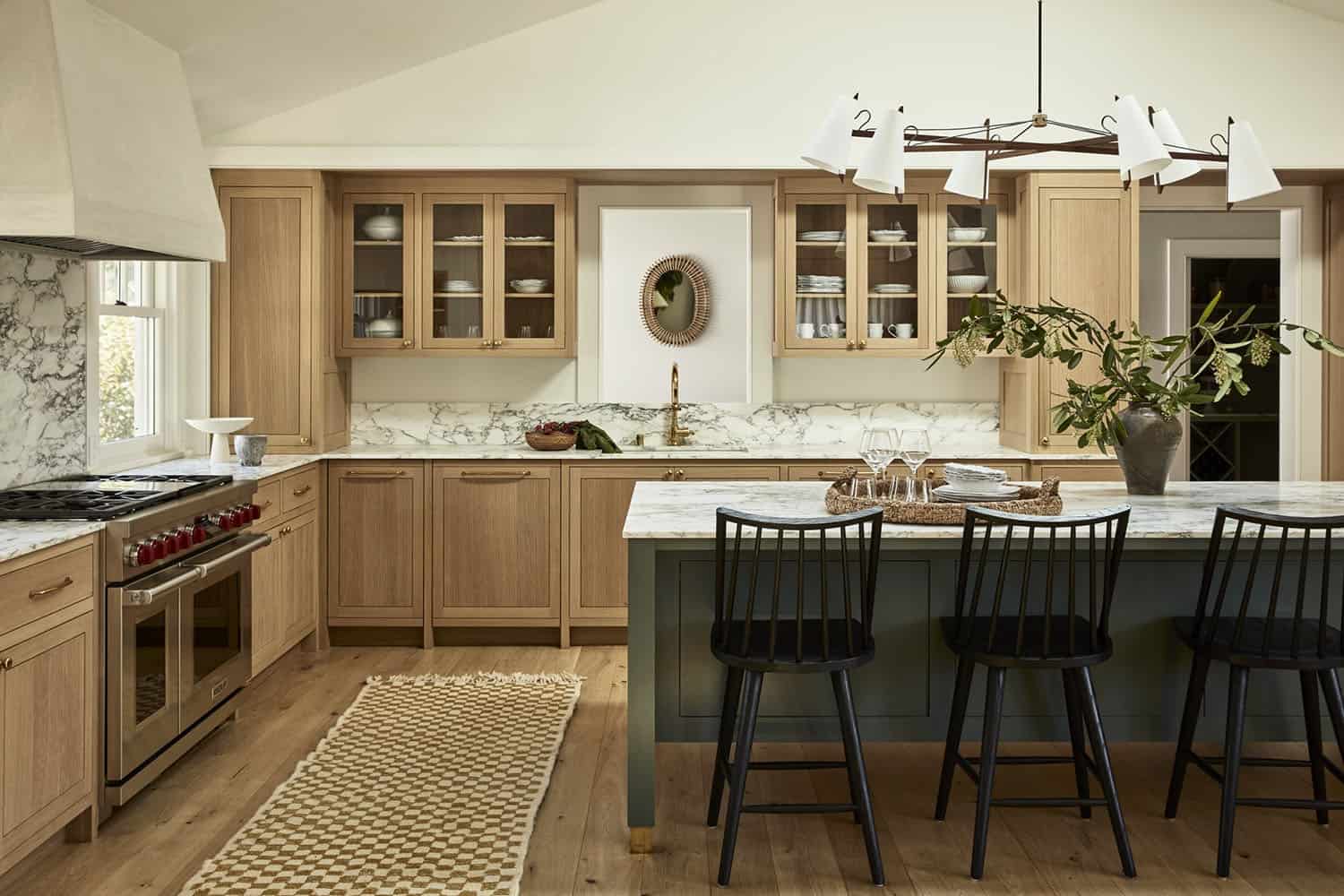 contemporary kitchen with a large green island