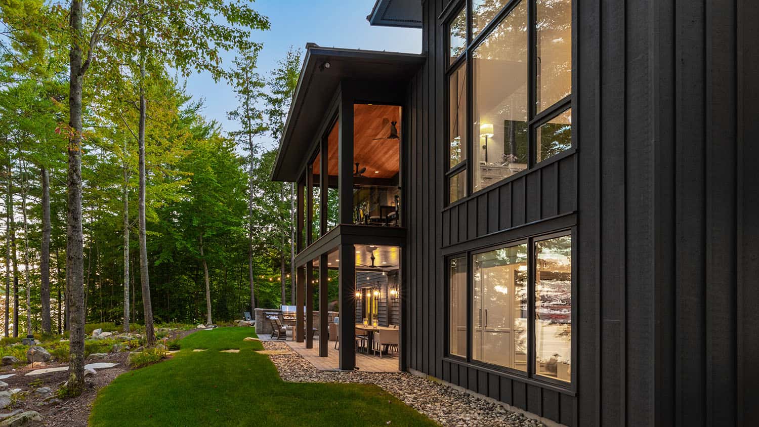 contemporary prairie style home exterior at dusk