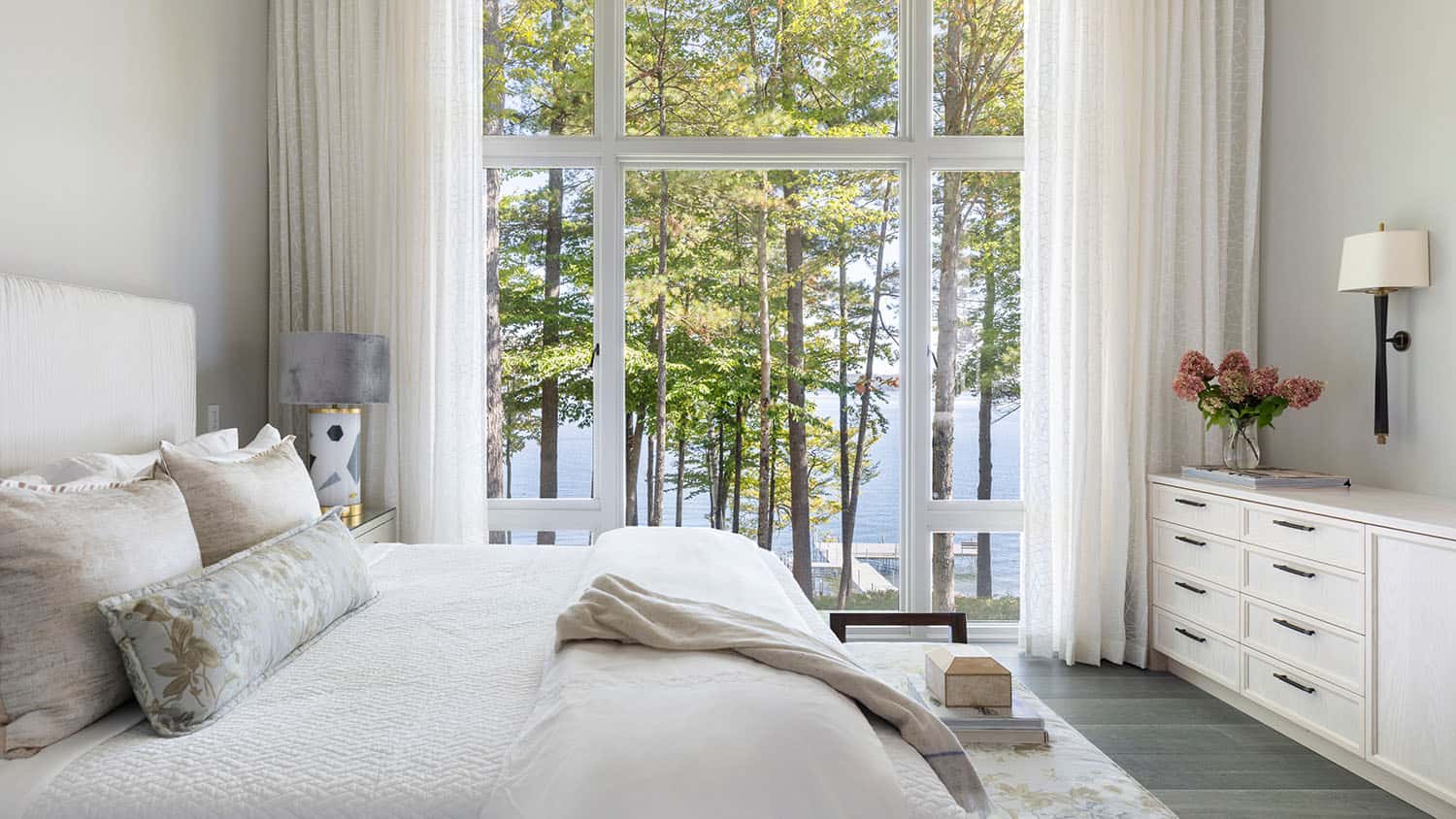 contemporary bedroom with a lake view