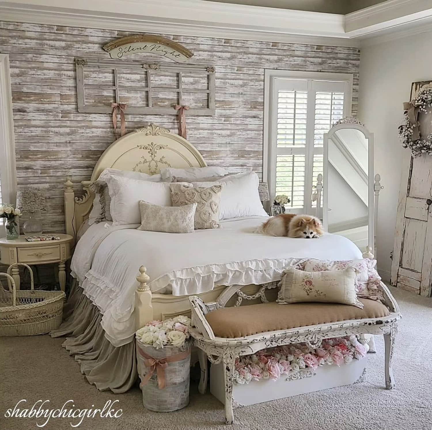 rustic shabby chic bedroom with spring decor