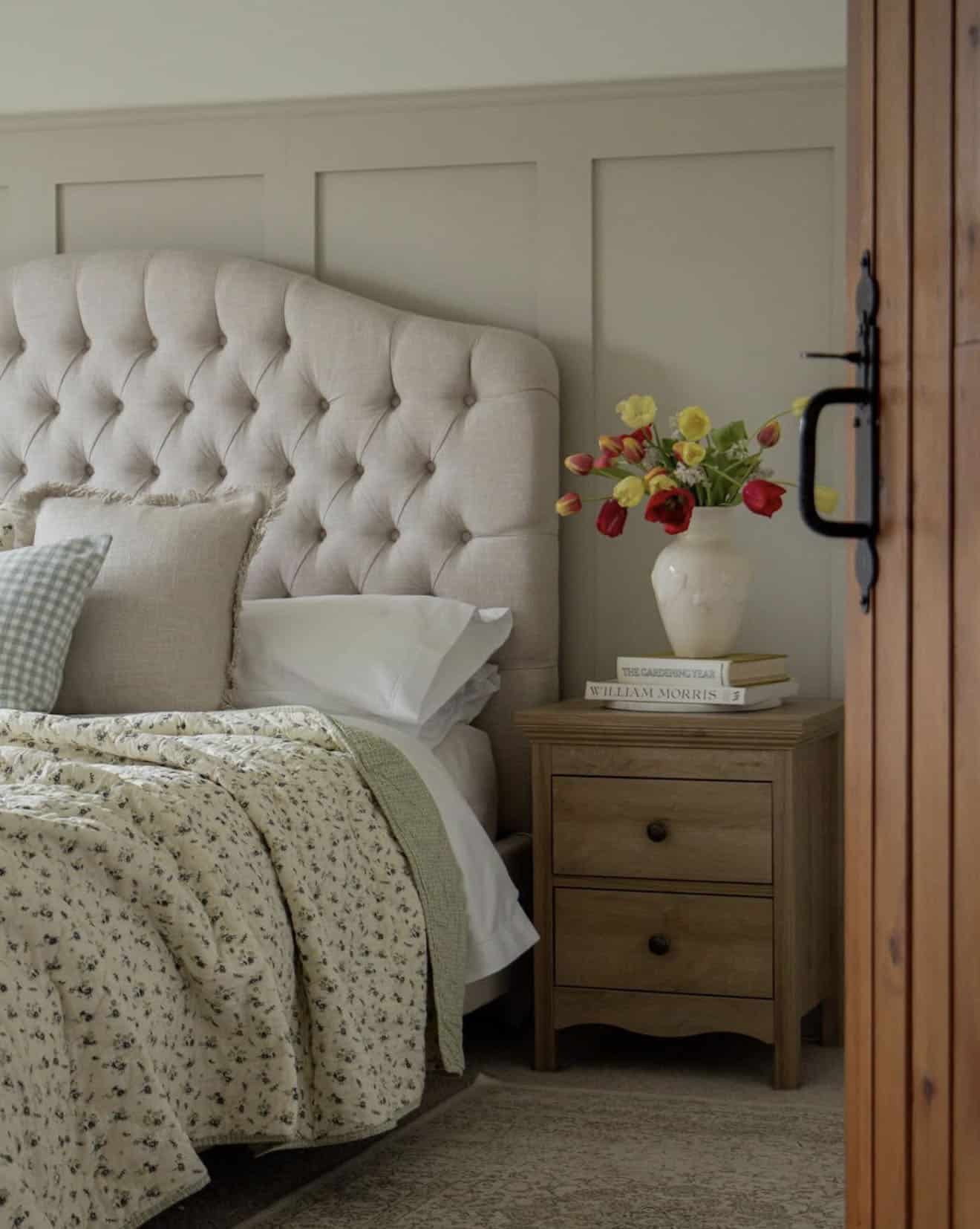 cozy cottage bedroom decorated for spring