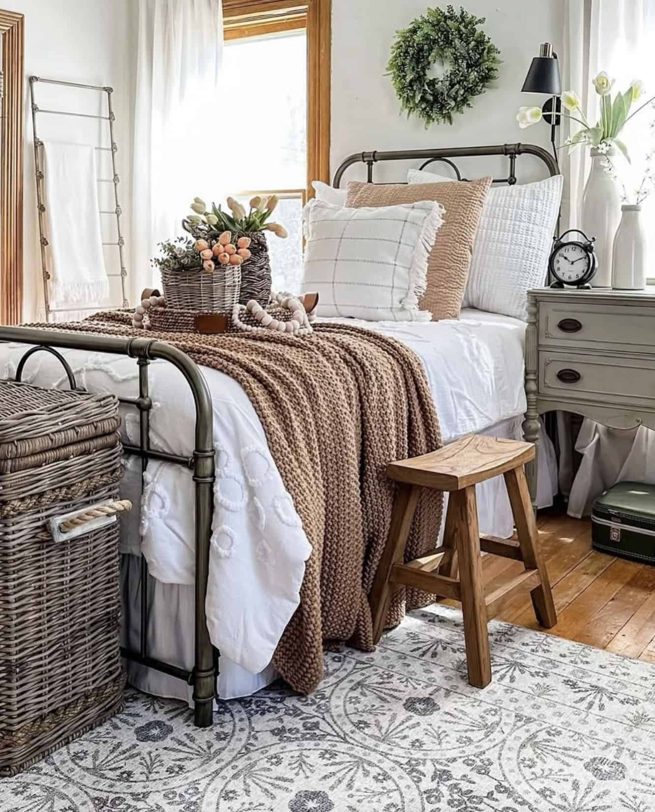 farmhouse style guest bedroom with spring decor