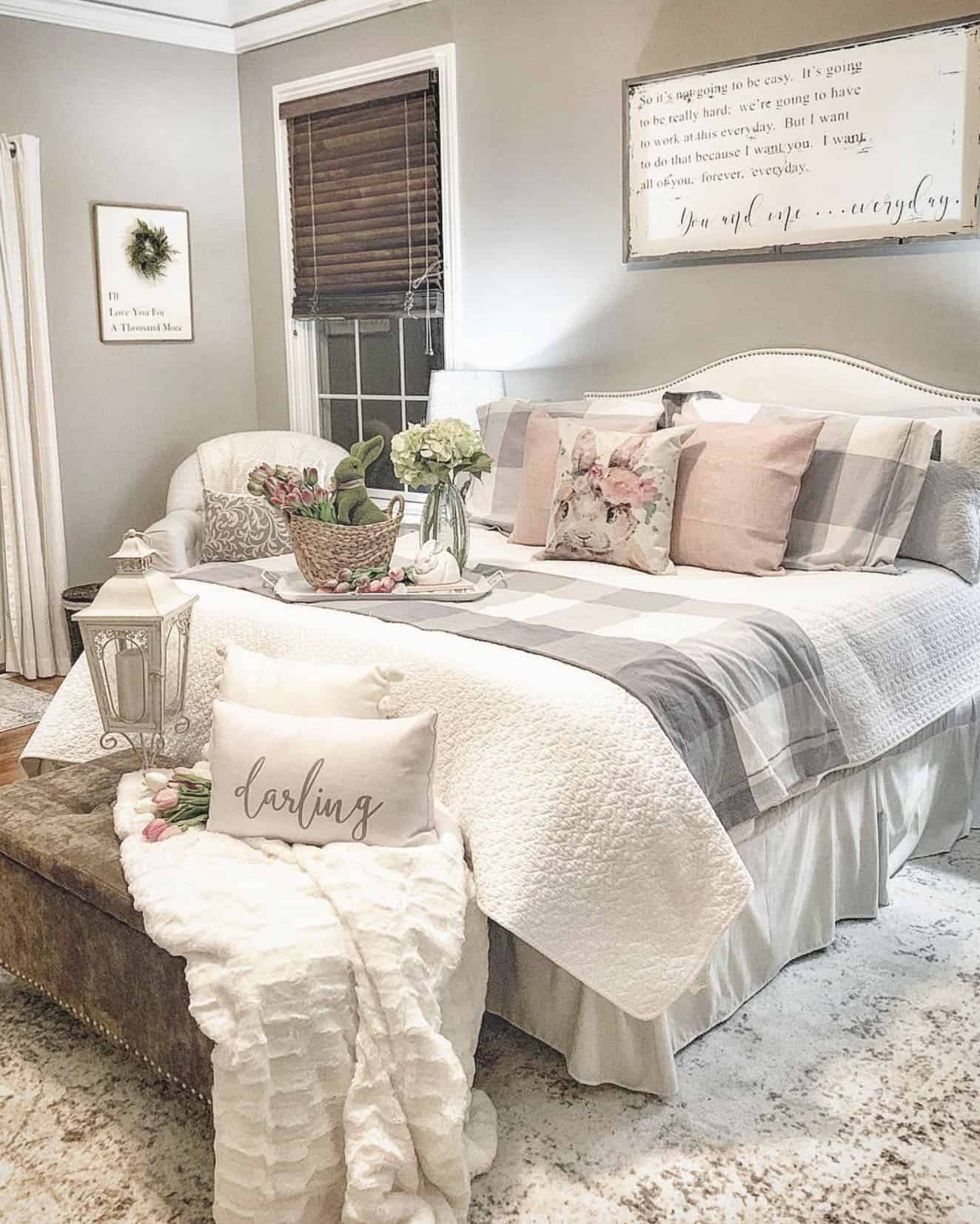 blush and gray bedroom decorated for spring