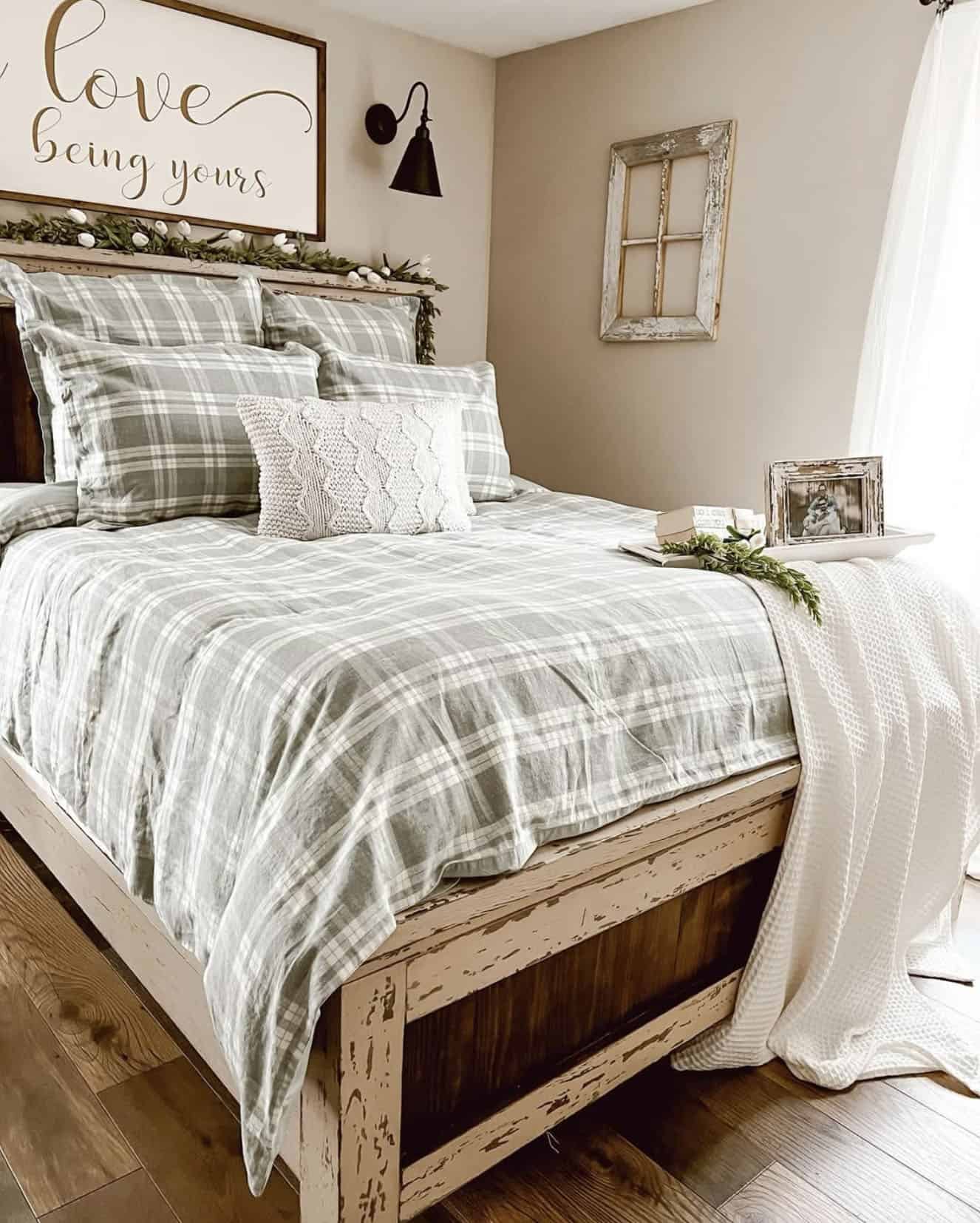 cozy bedroom with a bed tray styled for spring