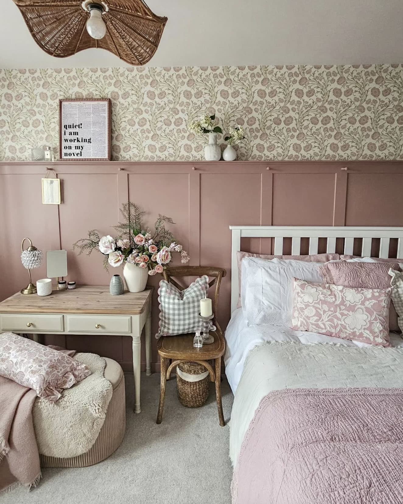 bedroom with pops of pink for spring